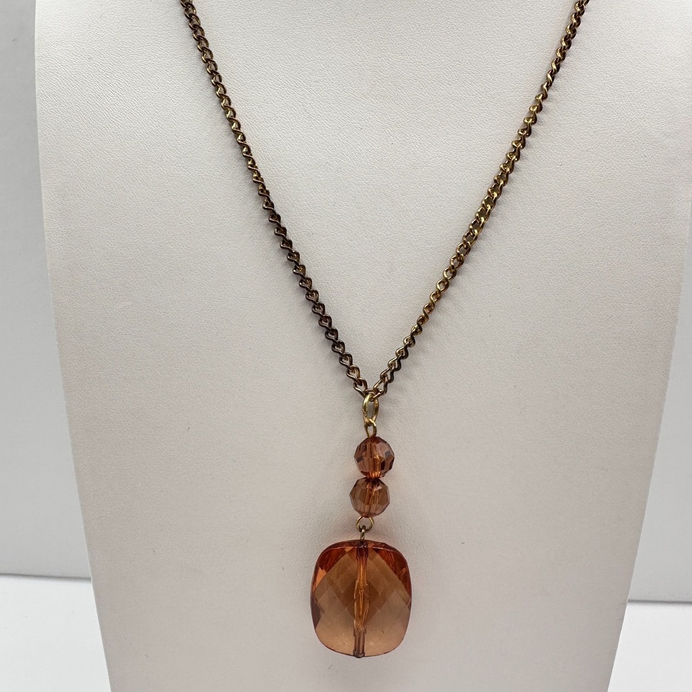 Vintage 90s Bronze Amber Glass Beaded Pendant Necklace Statement Women's Jewelry